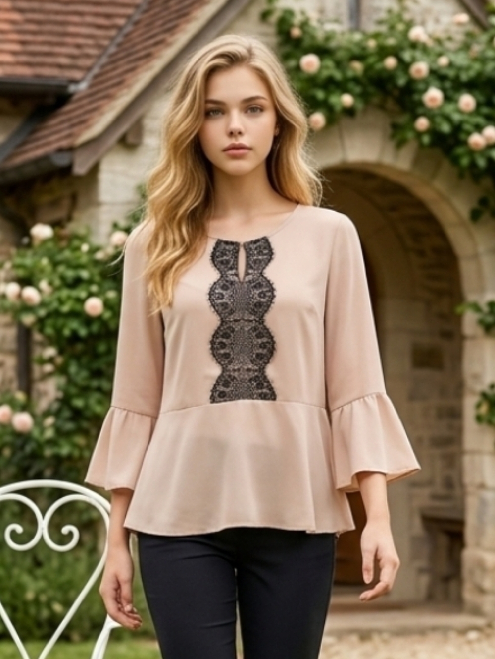 NY Collection Cream Ruffled Bell Sleeve Peplem Blouse Size Petite Medium